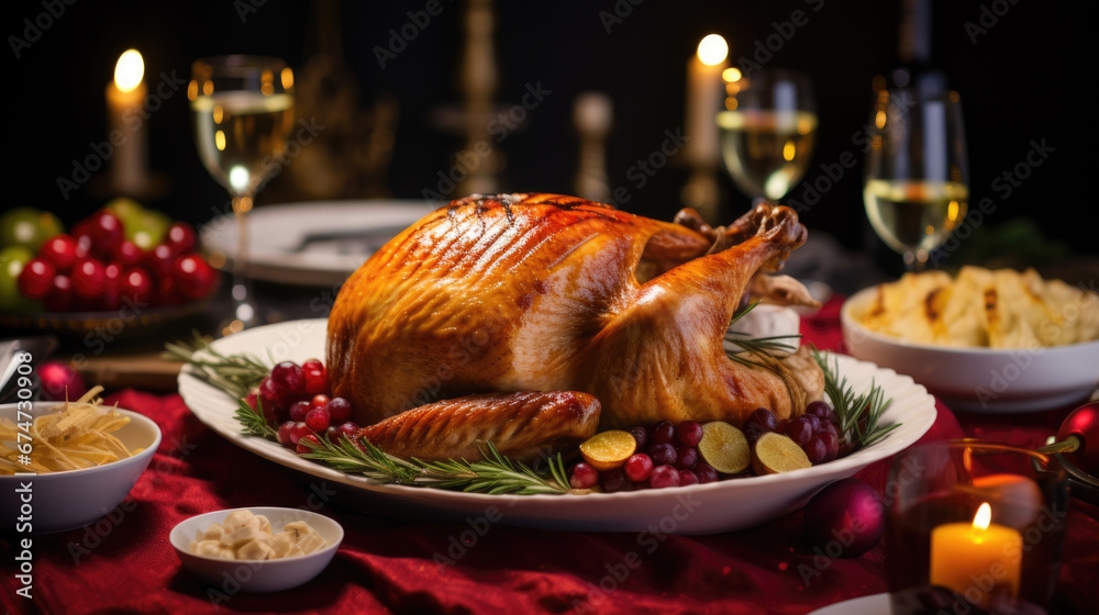 A golden roasted turkey garnished with rosemary, cranberries, and orange slices is presented on a platter, accompanied by wine, candles, and a festive setting.