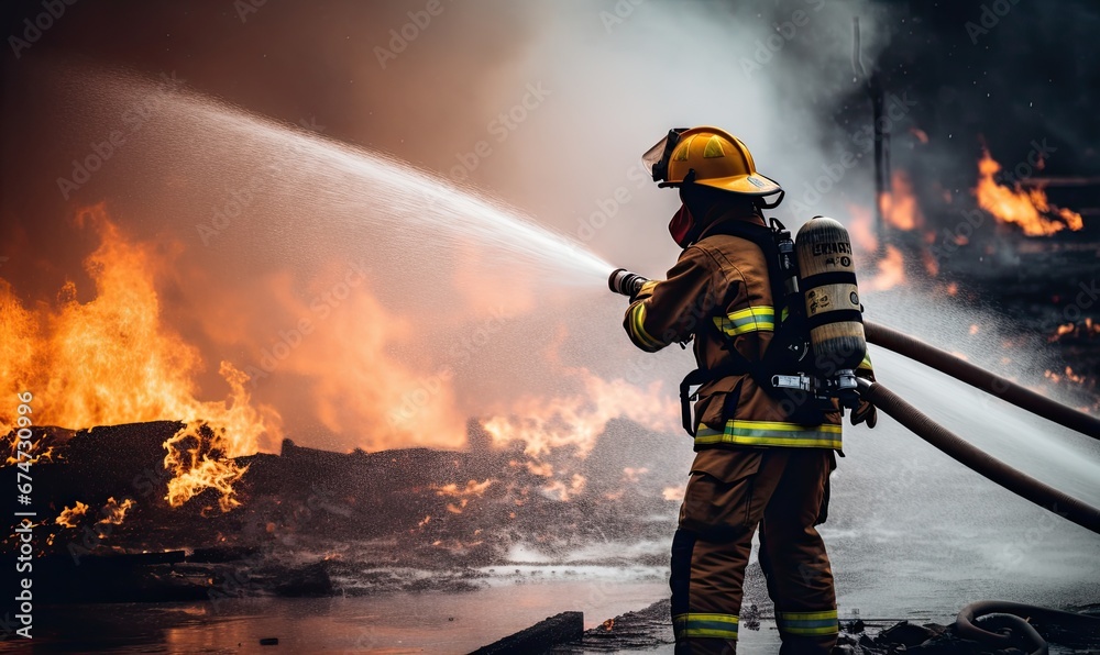 A Heroic Firefighter Battling Flames With Water A Heroic Firefighter Battling Flames With Water