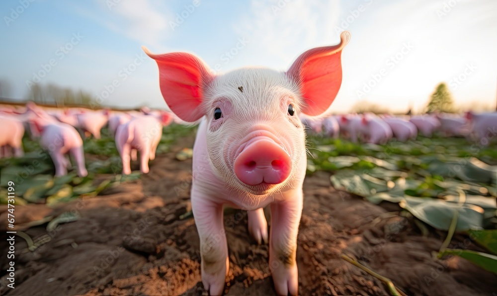A Cute Piglet Standing Proudly on a Scenic Countryside A Cute Piglet Standing Proudly on a Scenic Countryside