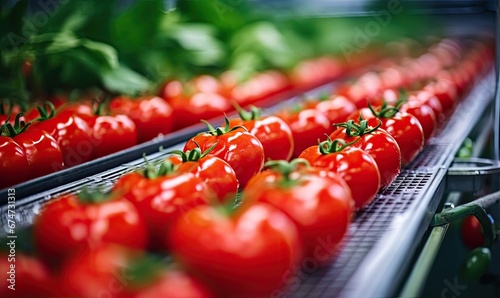 A Colorful Collection of Fresh Tomatoes on a Moving Conveyor Belt © uhdenis