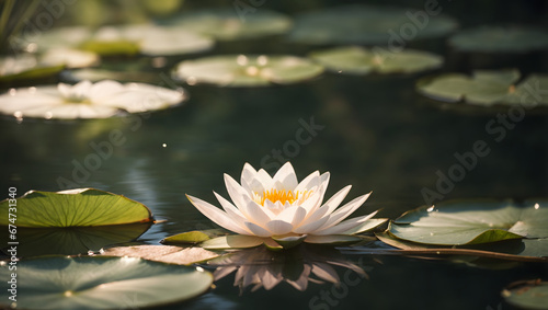 A close-up of a delicate water lily floating on a serene pond, with its petals glistening in the sunlight.