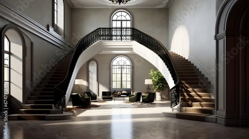 Panoramic view of the interior of an old building with a staircase