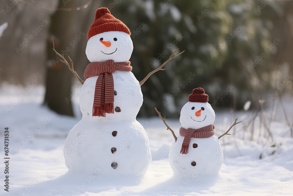 Two snowmen with a scarf and hat in a snowy park
