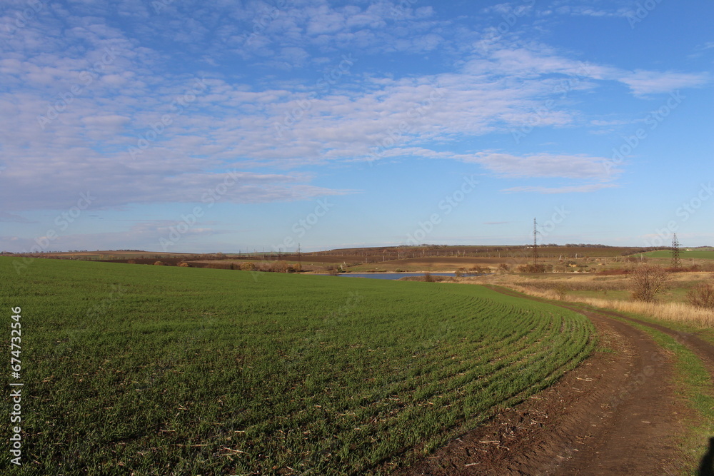 A dirt road through a field