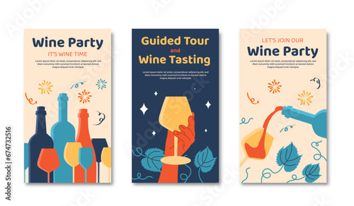 Wine festival posters set. Colorful botles with glasses. Alcohol and beverage, alcoholic drinks. Cover or story for website. Cartoon flat vector collection isolated on white background