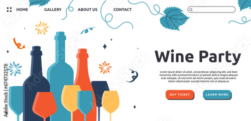 Wine festival landing page. Colorful bottles and glasses. Alcoholic drinks and beverages. Holiday and festival. Production of alcohol. Template and layout. Cartoon flat vector illustration