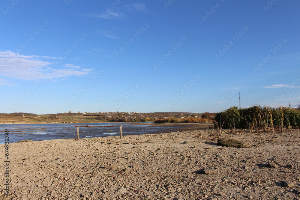 A beach with a body of water and grass and trees