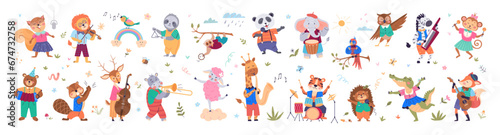 Musical animals collection. Cute cartoon music character. Musical animals set. Animal music band play jazz on sound instrument. Childish party orchestra. Funny kid dance poster celebration background