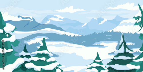 Winter landscape concept. Christmas trees, mountains and hills under snow. Cold weather beautiful panorama and landscape. Rocks and cliffs under snowcapes. Cartoon flat vector illustration