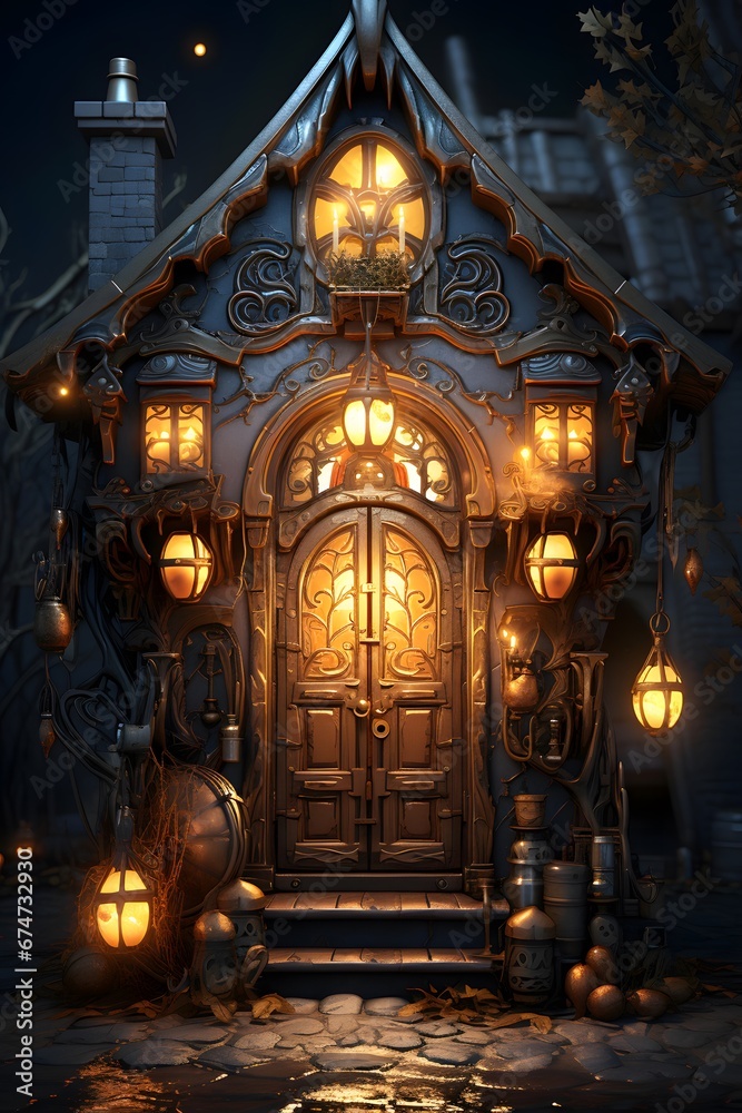 3D render of a fairy tale house with lanterns at night
