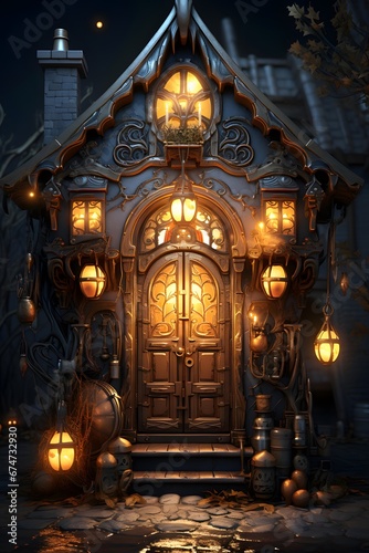 3D render of a fairy tale house with lanterns at night