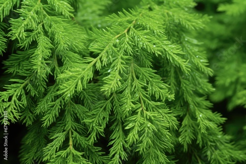 Closeup of Beautiful Green Cedar Leaves. Evergreen Thuja Tree Foliage as Nature Background.