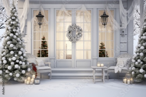 Christmas Porch: Festive Decorated Porch with Snow, Trees, and Lanterns - 3D Rendering for Winter Wonderland Home