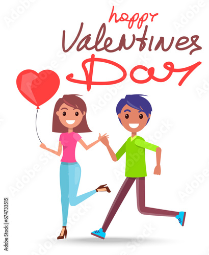 Vector illustration of couple holding hands on white background with heart balloon. Love concept, Valentines day handwritten lettering. romantic happy people. Wallpaper, invitation, posters