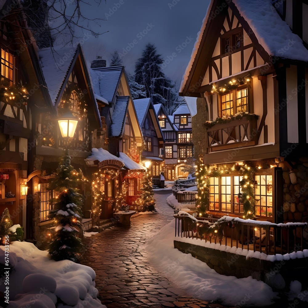 Winter evening in the old town of Alsace, France.