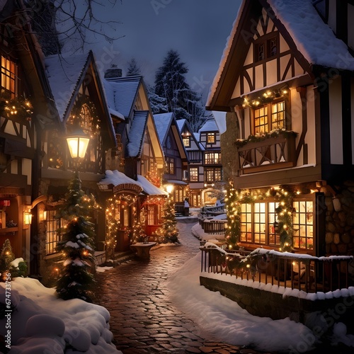 Winter evening in the old town of Alsace, France.