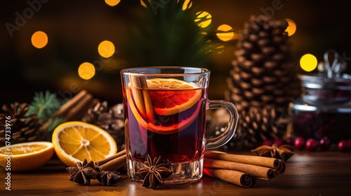 A glass of mulled with orange slices and cinnamons