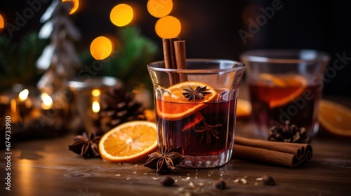 A glass of mulled with cinnamon and orange slices