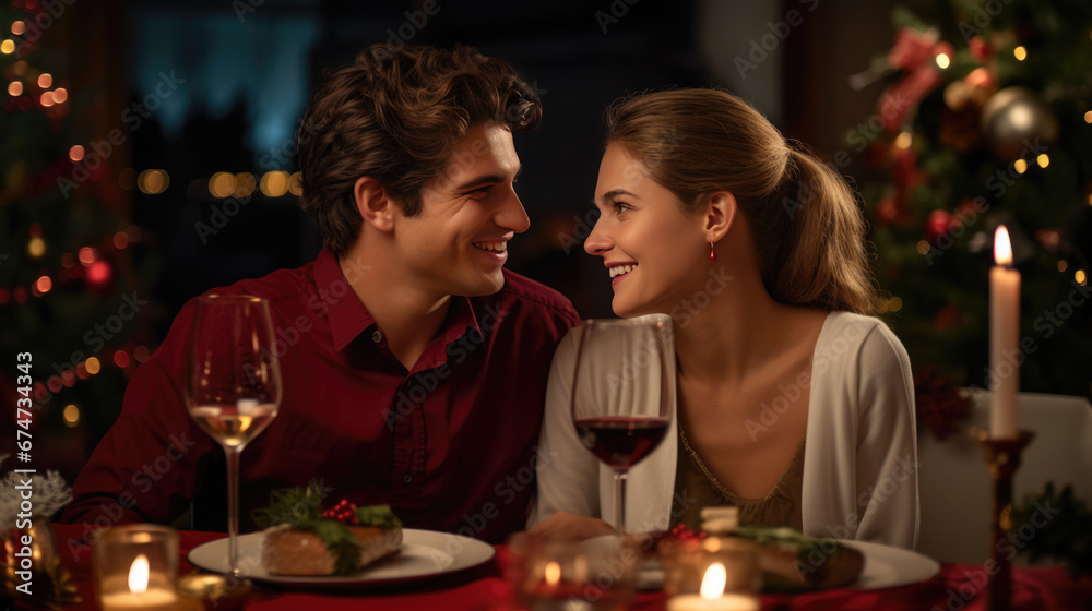 Smiling couple close together at a festive Christmas dinner setting, with lit candles and a decorated tree in the background, creating a warm and intimate atmosphere.