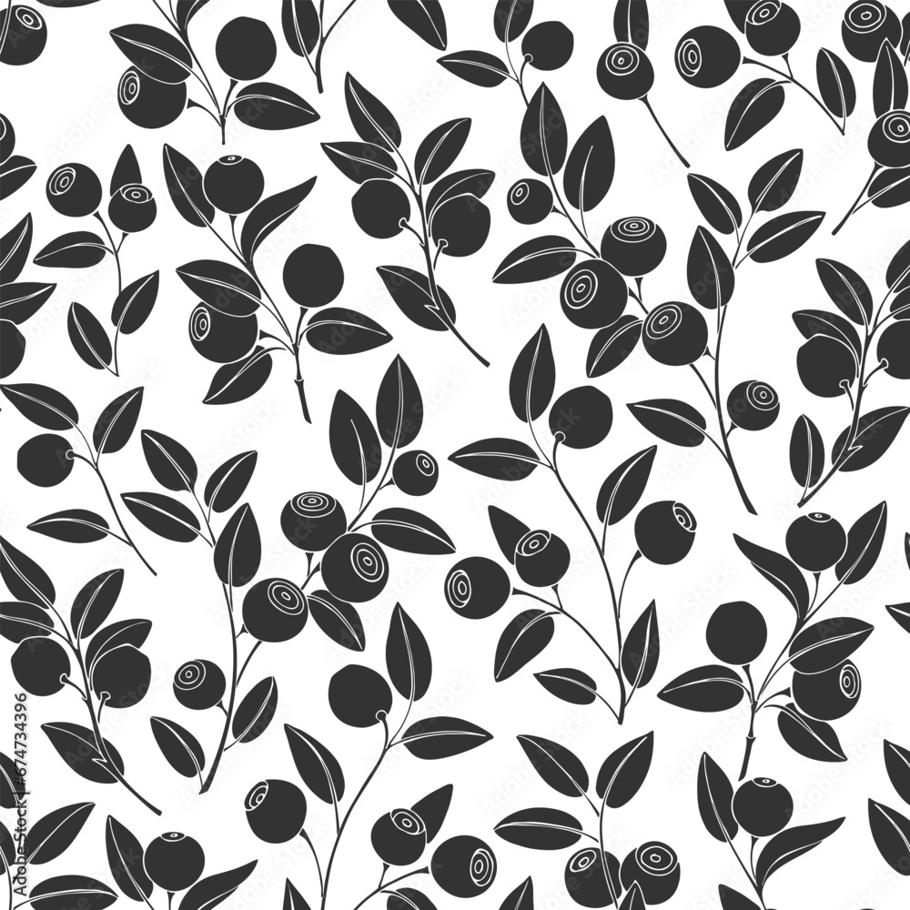 Seamless vector pattern with blueberry branches. Hand drawn silhouettes on white. Perfect for design templates, wallpaper, wrapping, fabric, print and textile.