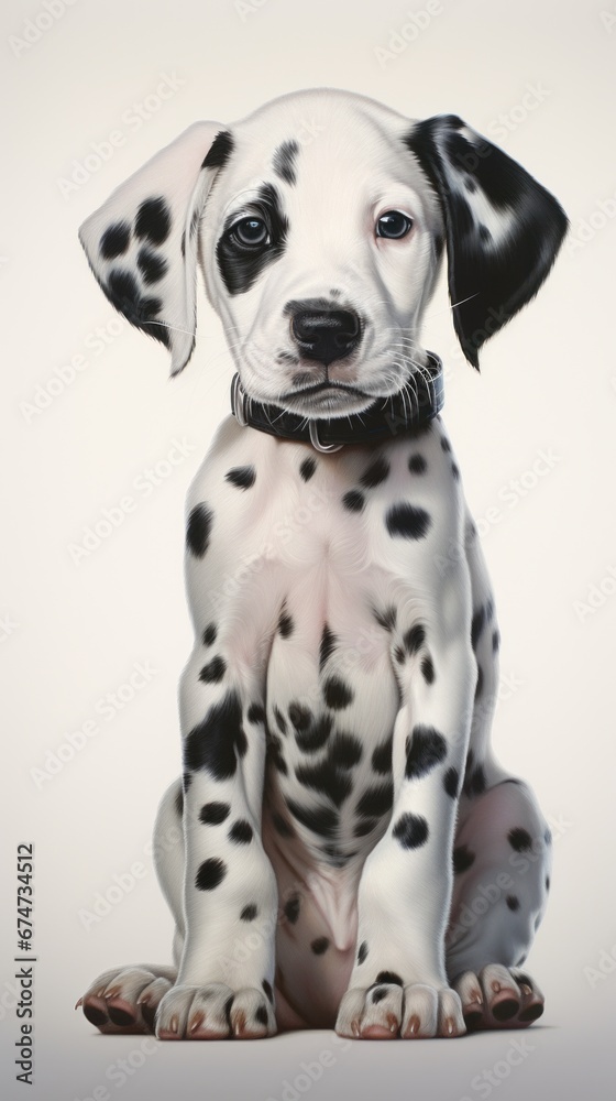 A dalmatian puppy sitting on a white surface A dalmatian puppy sitting on a white surface