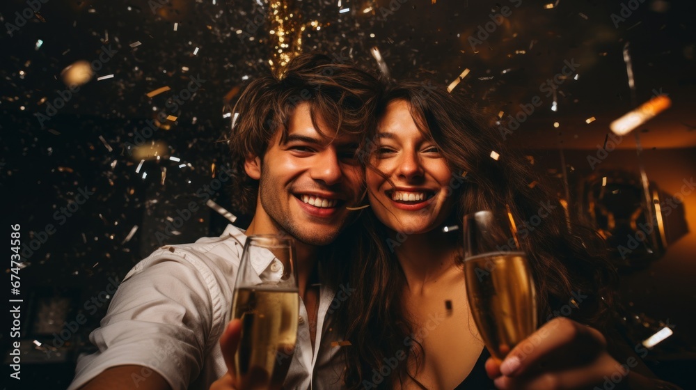 A man and a woman holding glasses of champagne