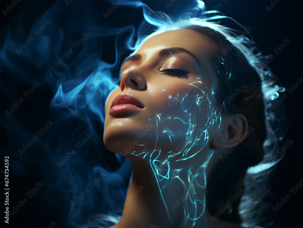 Neon lines on the face of a young woman in a blue haze on a dark blurred background. introduction of artificial intelligence and the latest technologies in cosmetology and medicine. 