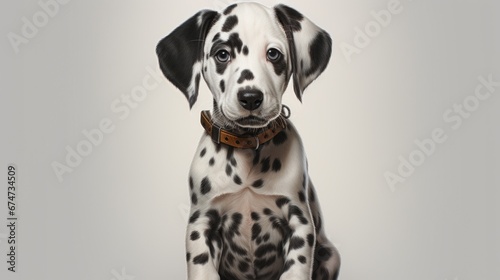 A dalmatian puppy sitting on a white surface