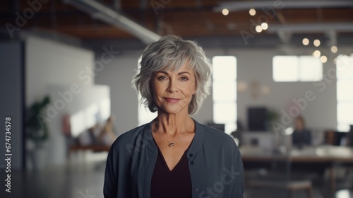 A woman standing in an office looking at the camera