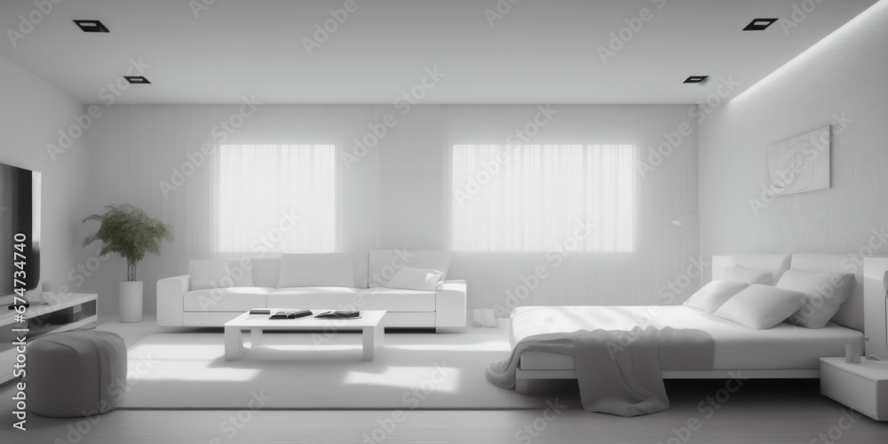 Modern white interior with bed wide image Modern white interior with bed wide image