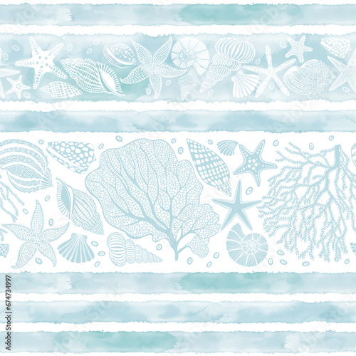  Abstract seamless pattern on the marine theme with underwater plants, starfish, seashells and blue watercolor stripes. Vector. Perfect for design templates, wallpaper, wrapping, fabric and textile.