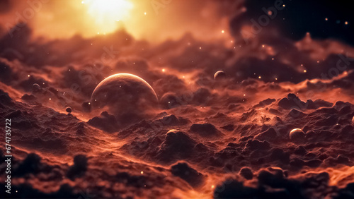 Un Sogno Cosmico- Vista Spaziale di un Mondo Fantasy Illuminato dal Sole photo