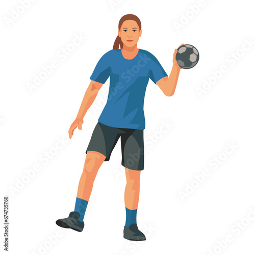 Isolated female figure of a women's handball player in blue uniform who stands and holds the ball in her hand taking aim © ivnas