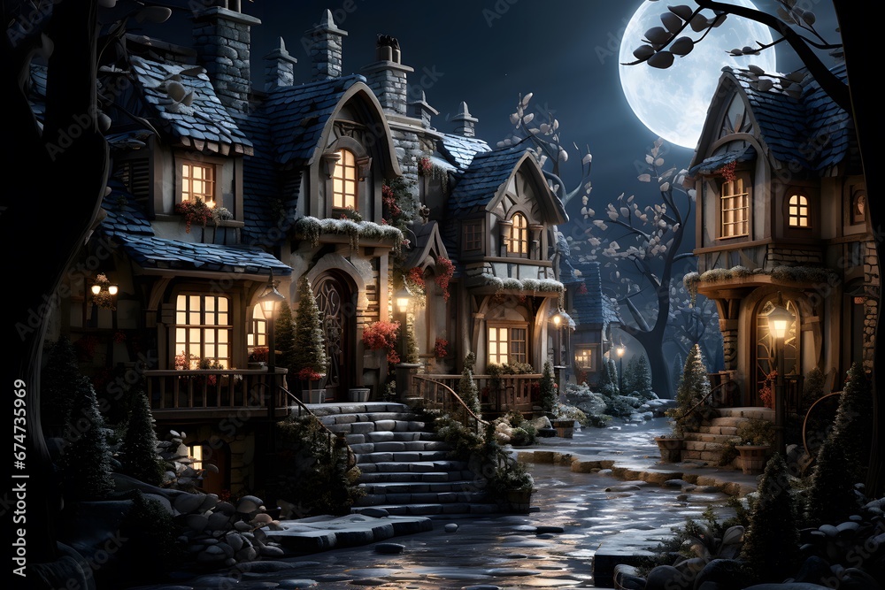 Halloween night scene with haunted house, moon and snow. 3d rendering
