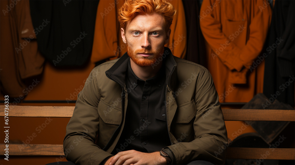 portrait of a stylish red-haired male model against the background of a stand with clothes in a store. poster, advertisement. copy space