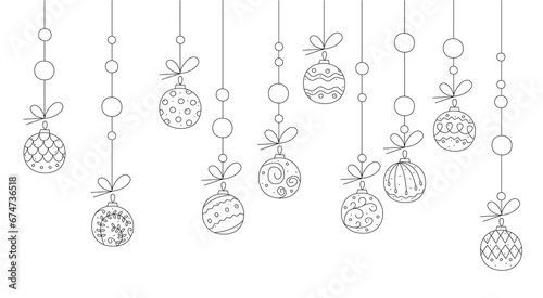 Doodle Christmas balls in the form of a garland hanging on a rope. Vector black and white clipart illustration.