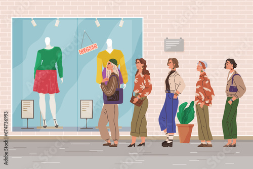 Women standing in queue at boutique. Female shopping in clothing store. Customers in front of shop entrance doors, waiting in line. Sale and discount in fashion outlet. Store and showroom opening