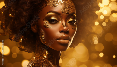 Fictitious African American woman in gold on golden sparkling background, girl in golden dress. Luxury and premium photography for advertising product design. AI generated