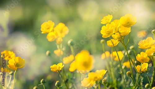 Buttercup flower in field with blur background