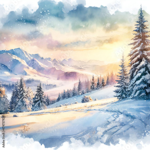 Watercolor painting of a landscape with natural snowy environment