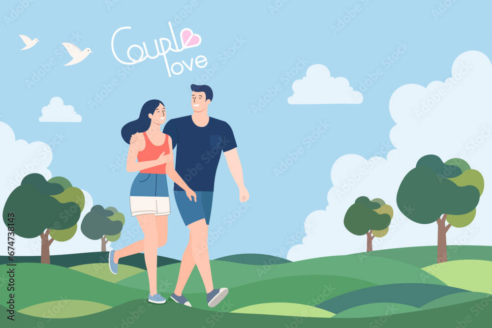 Couple walking in the park on spring or summer landscape, love and marriage Concept,married couple hikes together,hand drawn text elegant 
