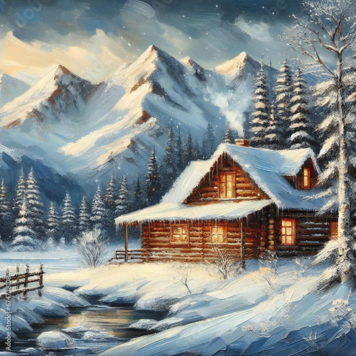 Winter cabin charm with a cozy painting art design