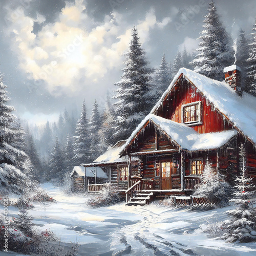 Snowy landscape retreat with artistic cabin creation