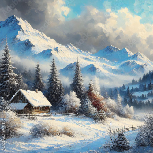 Beauty of a winter landscape through artistic creation in painting art design