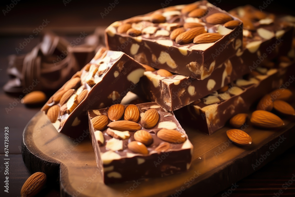 chocolate nougat with almonds spanish turron recipes - obrazy, fototapety, plakaty 