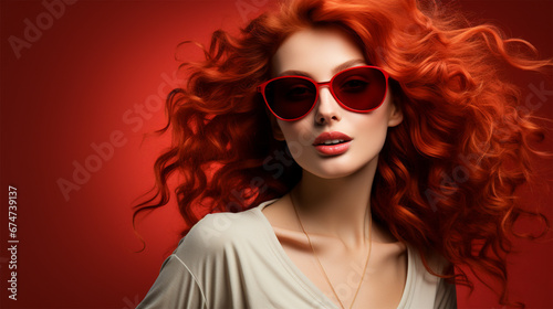 portrait of a stylish red-haired woman model in red sunglasses with lush wavy hair on a color background. banner, poster, advertising