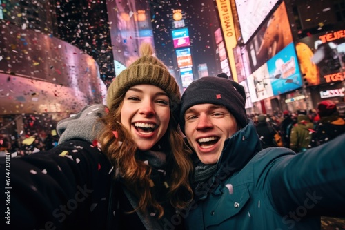A couple celebrating new year in big city taking selfie 