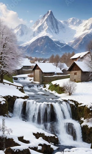 Countryside With Waterfalls And Snow-Covered Mountains.
