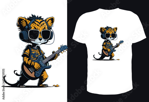 Small tiger with guitar cartoon illustration, vector style for t-shirt design