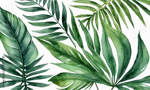 Watercolor Art Of Tropical Foliage And Palm Leaf.